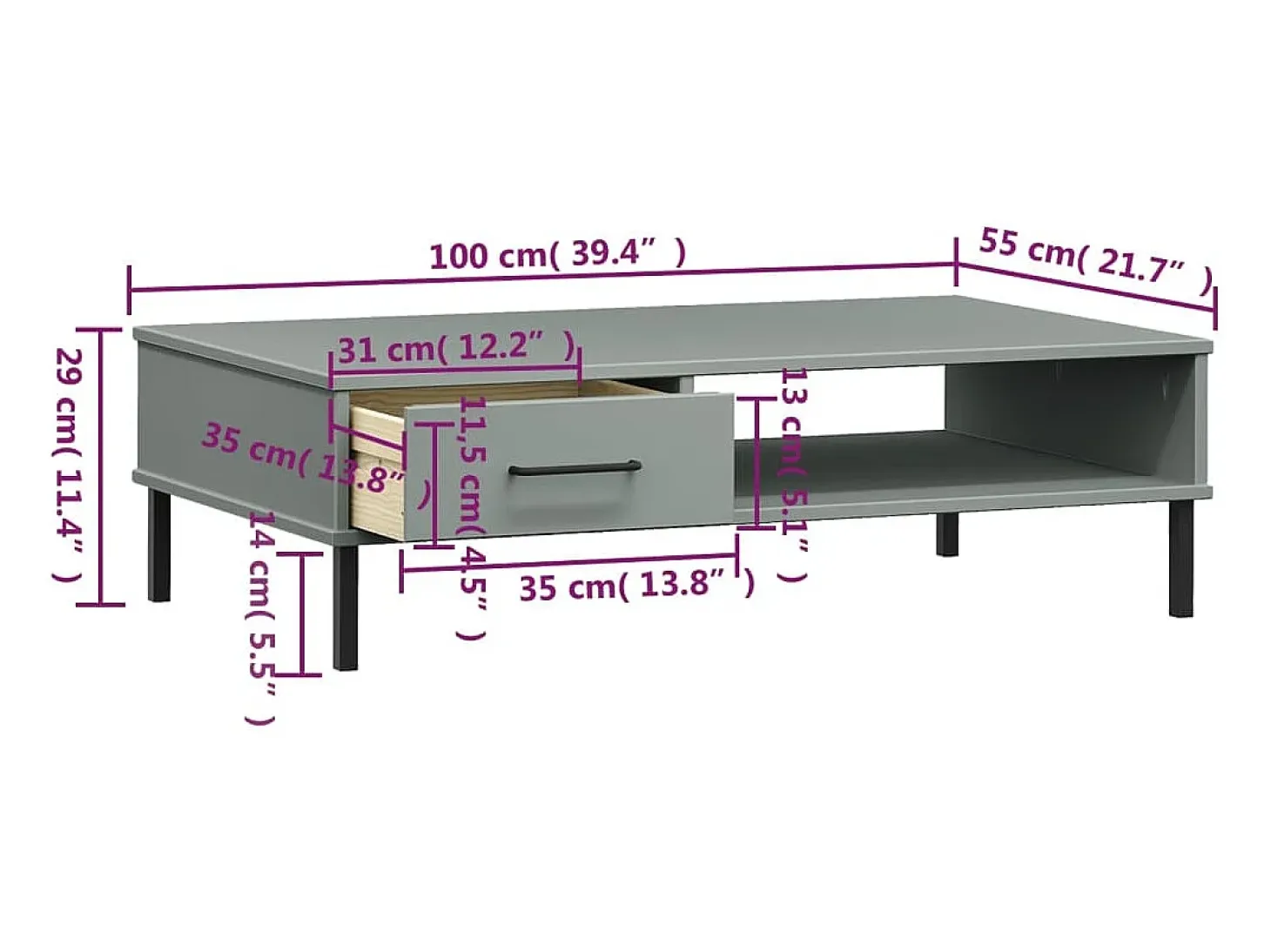 Mesa de centro con patas de metal OSLO madera maciza pino gris