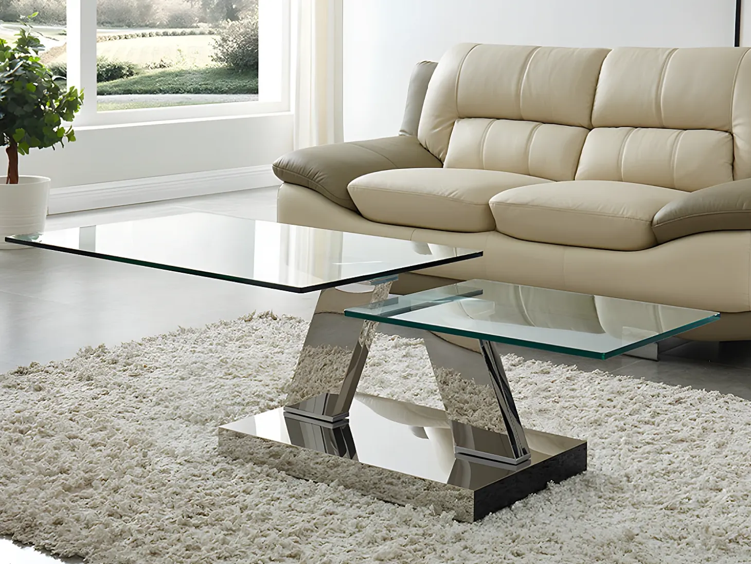 Mesa de centro con tableros giratorios - Vidrio templado y acero inoxidable - Transparente - OYRUS