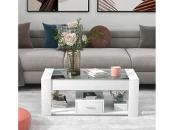 Mesa de centro con un cajón - tapa de cristal - Blanco