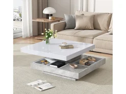 Mesa de centro cuadrada con 4 compartimentos y tablero giratorio - 70 x 70 x 36 cm - Tablero de partículas - Blanco
