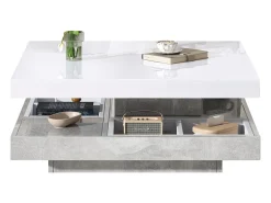 Mesa de centro cuadrada con 4 compartimentos y tablero giratorio - 70 x 70 x 36 cm - Tablero de partículas - Blanco