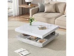 Mesa de centro cuadrada con 4 compartimentos y tablero giratorio - 70 x 70 x 36 cm - Tablero de partículas - Blanco