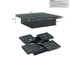 Mesa de centro cuadrada moderna - aspecto mármol - 90x90x25 cm - 4 cajones deslizantes - Negro