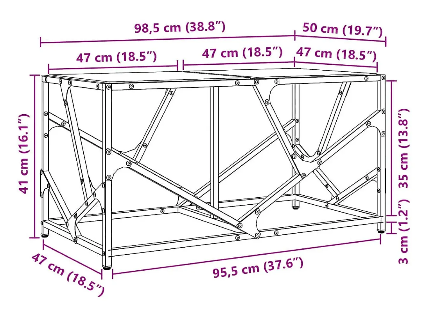 Mesa de centro de acero superficie de vidrio negra 98,5x50x41cm