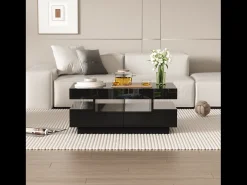 Mesa de centro de alto brillo, con tira de luz LED, 4 cajones delante y detrás, Madera de aglomerado, Negro