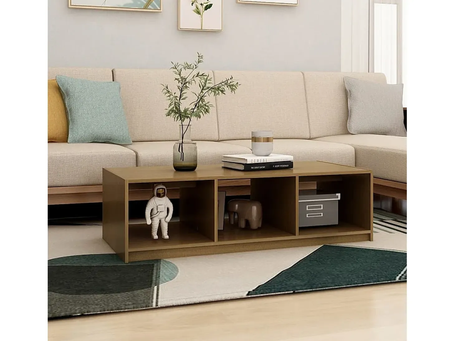 Mesa de centro de madera maciza pino marrón miel 110x50x34 cm