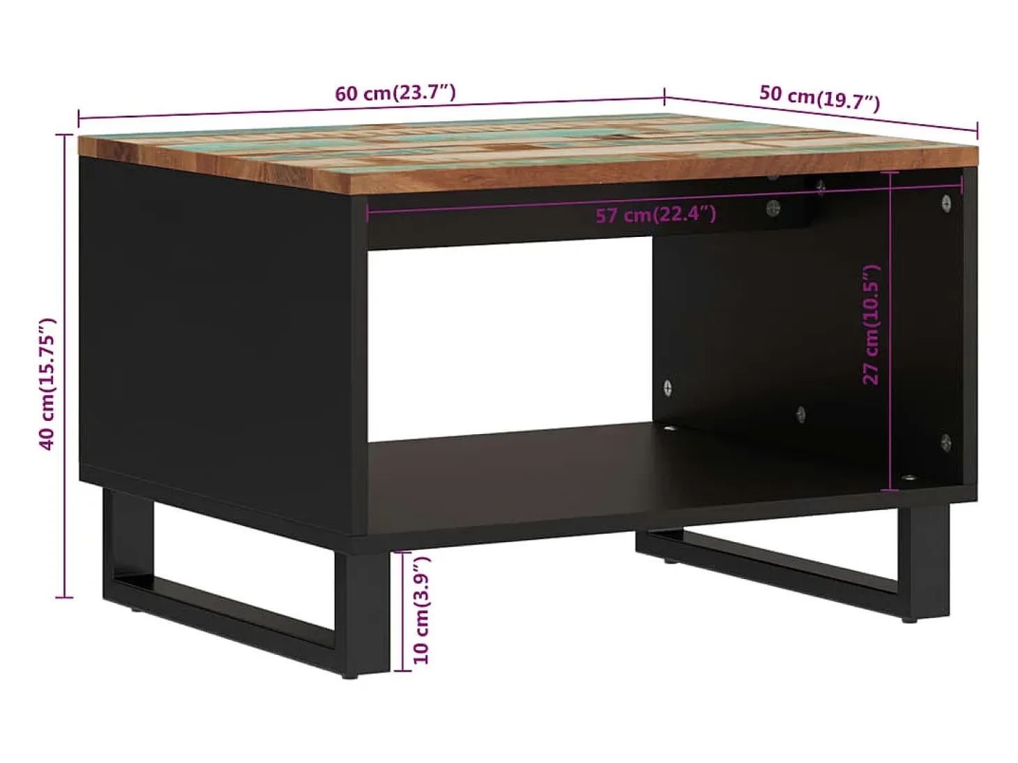 Mesa de centro de madera maciza reciclada 60x50x40 cm