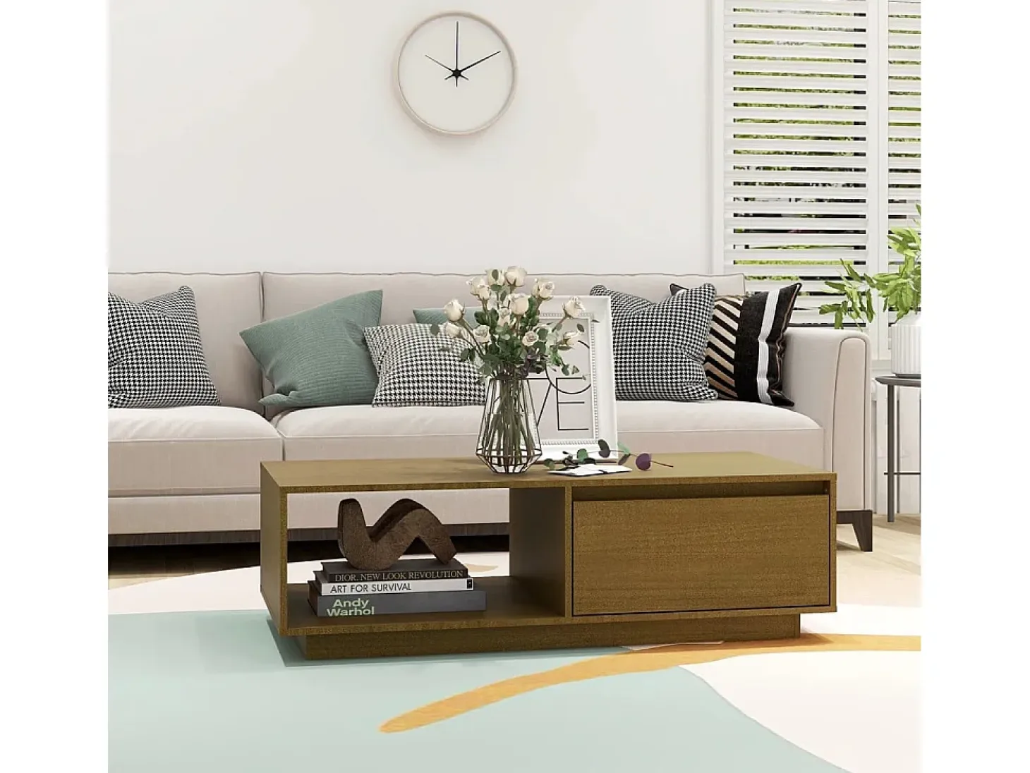 Mesa de centro de madera maciza pino marrón miel 110x50x33,5 cm