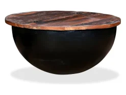 Mesa de centro de madera maciza reciclada negra en forma de bol