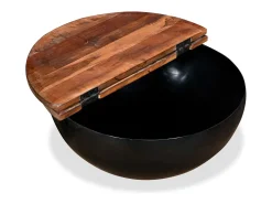 Mesa de centro de madera maciza reciclada negra en forma de bol