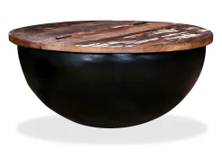 Mesa de centro de madera maciza reciclada negra en forma de bol