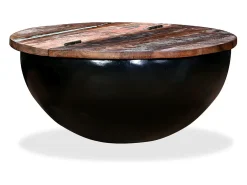 Mesa de centro de madera maciza reciclada negra en forma de bol