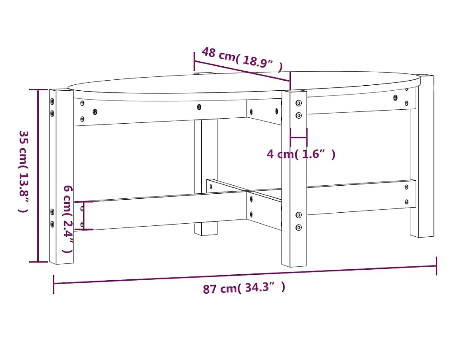 Mesa de centro de madera maciza de pino blanco 87x48x35 cm