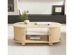 Mesa de centro de madera natural con 2 puertas correderas y 4 patas redondas de madera - Para salón
