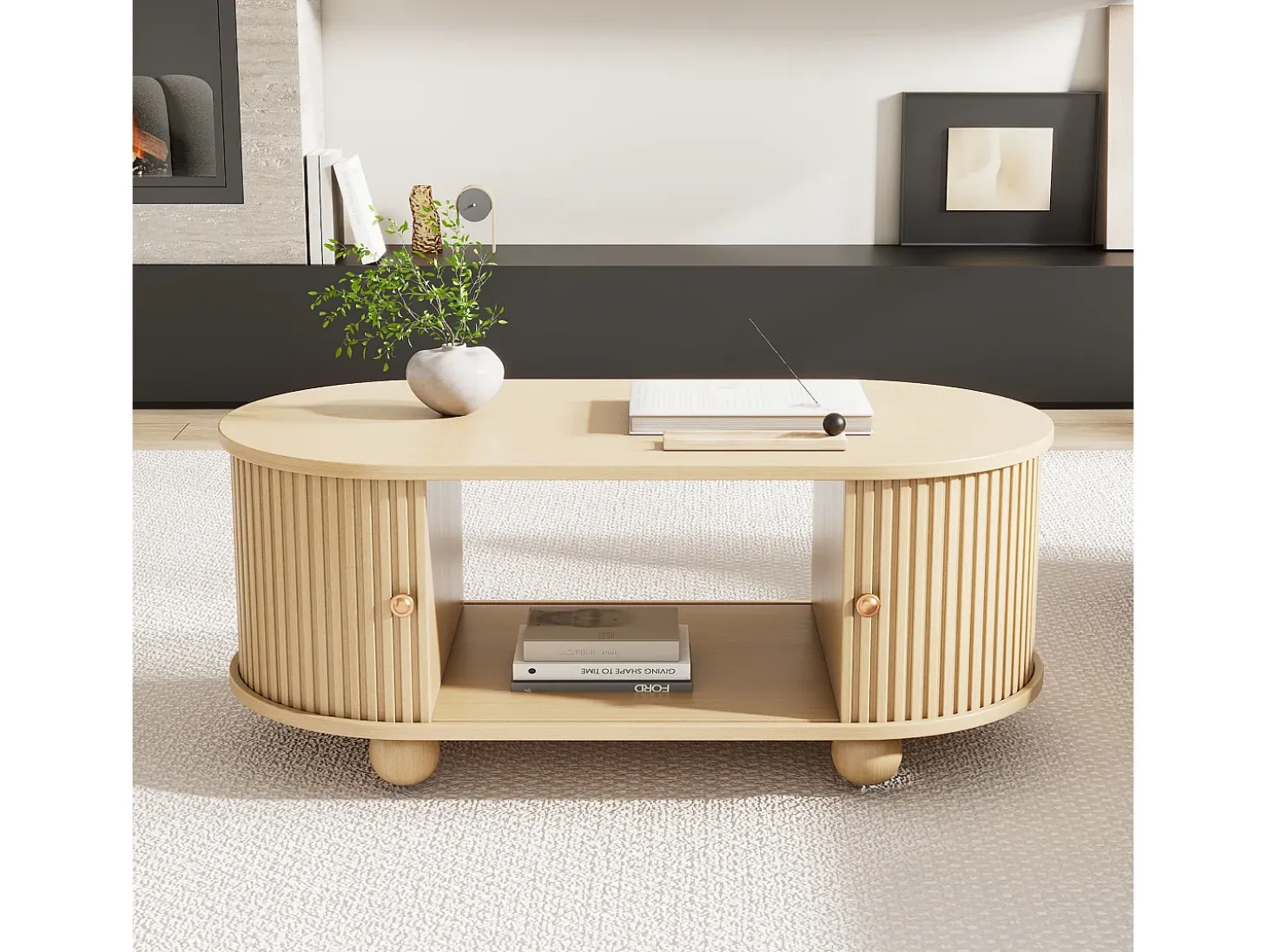 Mesa de centro de madera natural con 2 puertas correderas y 4 patas redondas de madera - Para salón