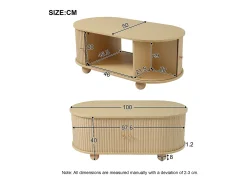 Mesa de centro de madera natural con 2 puertas correderas y 4 patas redondas de madera - Para salón