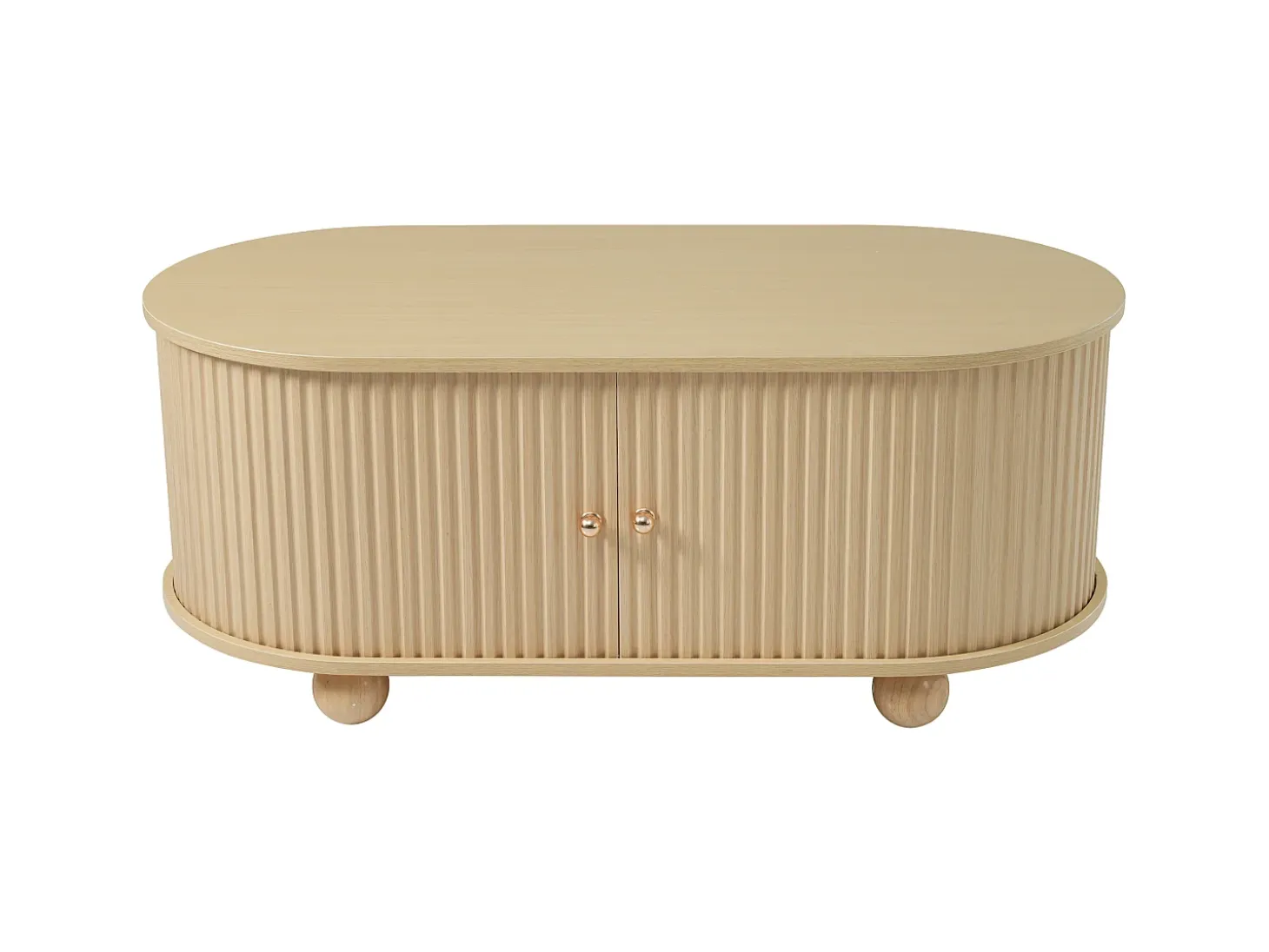 Mesa de centro de madera natural con 2 puertas correderas y 4 patas redondas de madera - Para salón