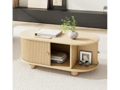 Mesa de centro de madera natural con 2 puertas correderas y 4 patas redondas de madera - Para salón