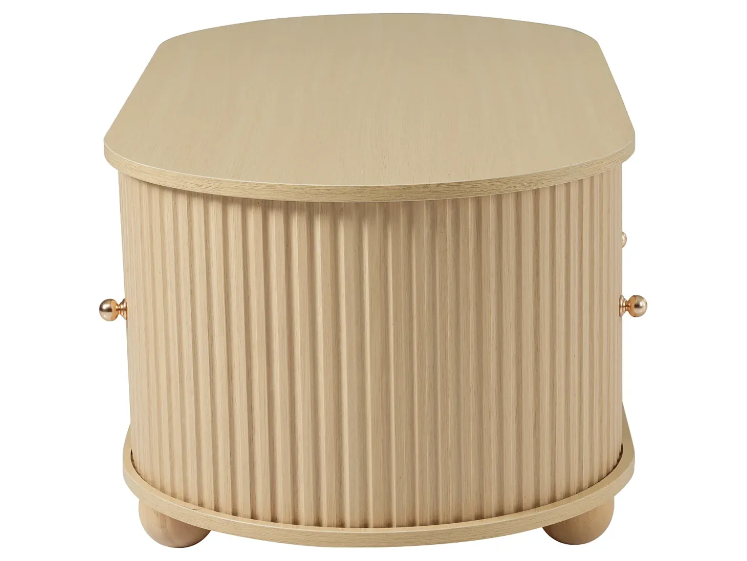 Mesa de centro de madera natural con 2 puertas correderas y 4 patas redondas de madera - Para salón