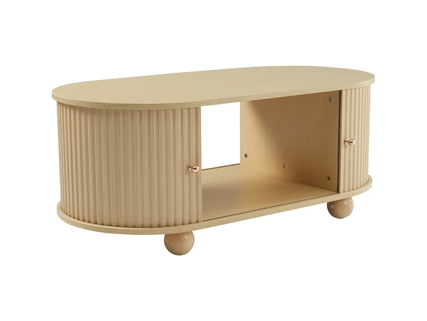 Mesa de centro de madera natural con 2 puertas correderas y 4 patas redondas de madera - Para salón