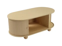 Mesa de centro de madera natural con 2 puertas correderas y 4 patas redondas de madera - Para salón