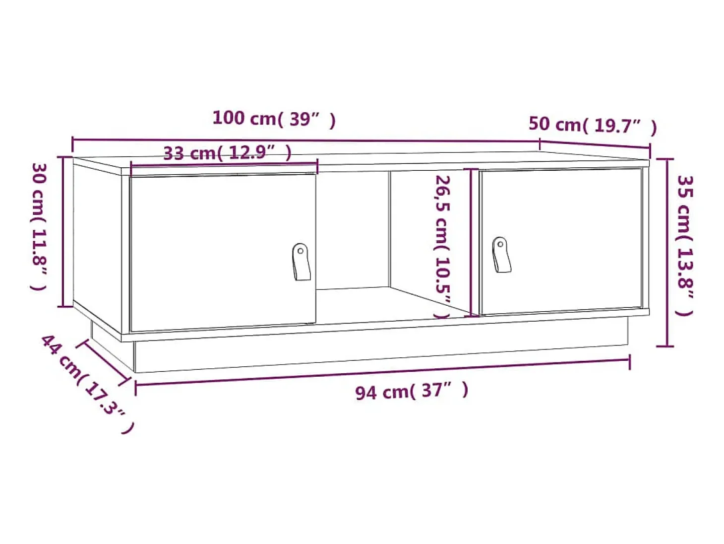 Mesa de centro de madera maciza de pino blanco 100x50x35 cm