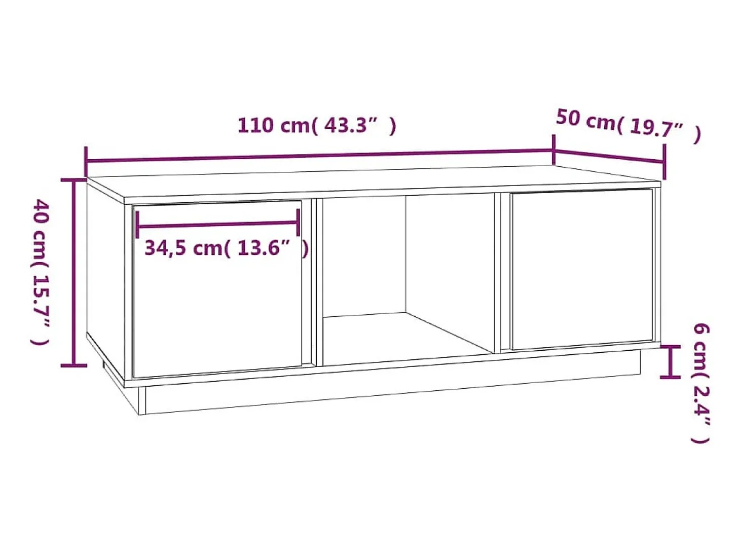 Mesa de centro de madera maciza de pino blanco 110x50x40 cm
