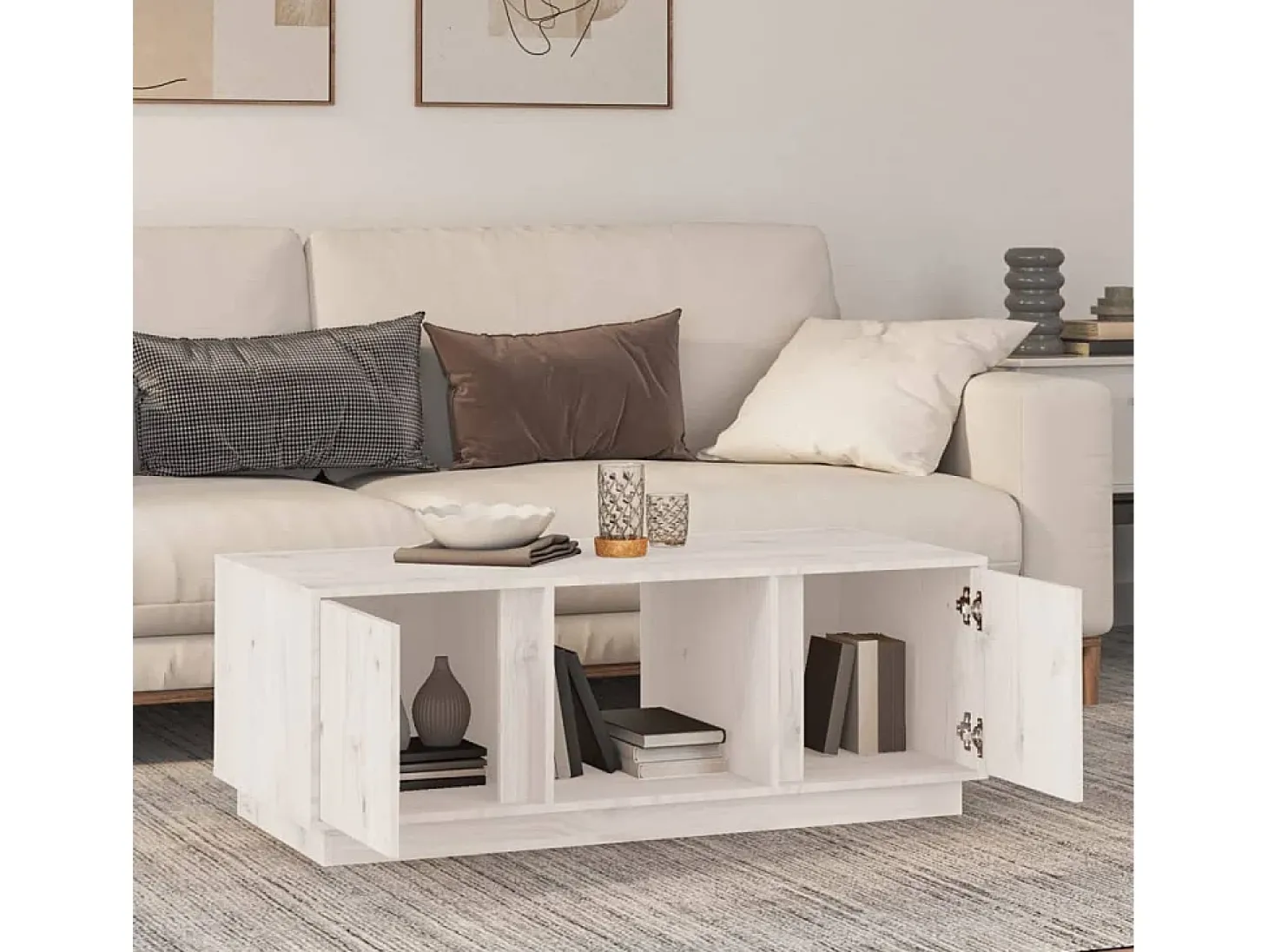 Mesa de centro de madera maciza de pino blanco 110x50x40 cm