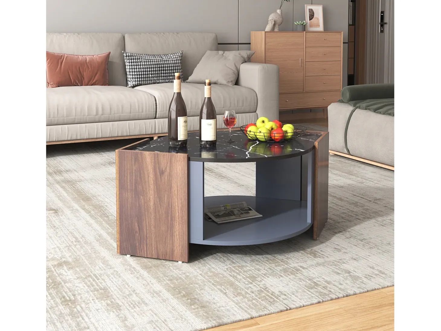 Mesa de centro de mármol y nogal: colores contrastantes, madera con cajón y almacenamiento abierto