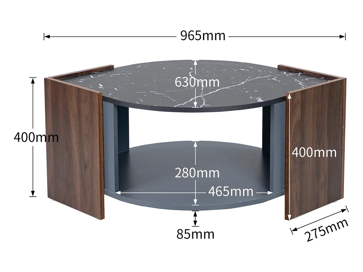 Mesa de centro de mármol y nogal: colores contrastantes, madera con cajón y almacenamiento abierto