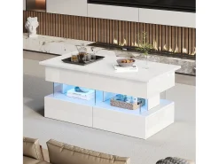 Mesa de centro elevable - 120 x 50 x 46 cm - almacenaje oculto + LED + 2 cajones - MDF + cristal templado - blanco