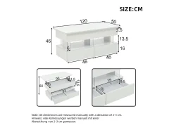 Mesa de centro elevable - 120 x 50 x 46 cm - almacenaje oculto + LED + 2 cajones - MDF + cristal templado - blanco