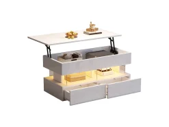 Mesa de centro elevable - 120 x 50 x 46 cm - almacenaje oculto + LED + 2 cajones - MDF + cristal templado - blanco