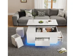 Mesa de centro elevable 4 en 1 - 100 x 50 x 45 cm - con LED + 2 cajones + 2 taburetes - aglomerado - blanco