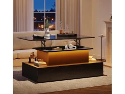 Mesa de centro elevable - 90 x 55 x 41 cm - moderna de alto brillo con LED + 4 cajones - aglomerado - negro