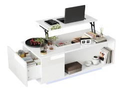 Mesa de centro elevable - 100 x 50 x 40 cm - con almacenaje oculto + LED + 1 cajón - aglomerado - blanco