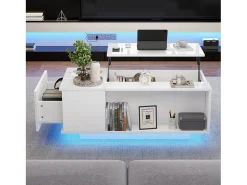 Mesa de centro elevable - 100 x 50 x 40 cm - con almacenaje oculto + LED + 1 cajón - aglomerado - blanco
