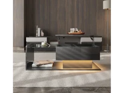 Mesa de centro elevable alto brillo 100×50×47,5 cm - Plato de vidrio - Iluminación LED - Paneles de aglomerado - negro