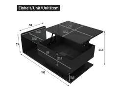 Mesa de centro elevable alto brillo 100×50×47,5 cm - Plato de vidrio - Iluminación LED - Paneles de aglomerado - negro