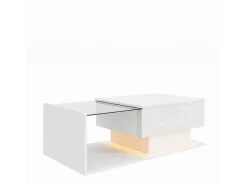Mesa de centro elevable blanca con LED, tapa de cristal y almacenaje 100x50x33/47,5cm