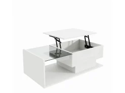 Mesa de centro elevable blanca con LED, tapa de cristal y almacenaje 100x50x33/47,5cm