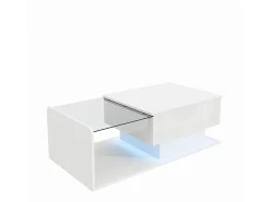 Mesa de centro elevable blanca con LED, tapa de cristal y almacenaje 100x50x33/47,5cm