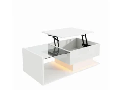 Mesa de centro elevable blanca con LED, tapa de cristal y almacenaje 100x50x33/47,5cm