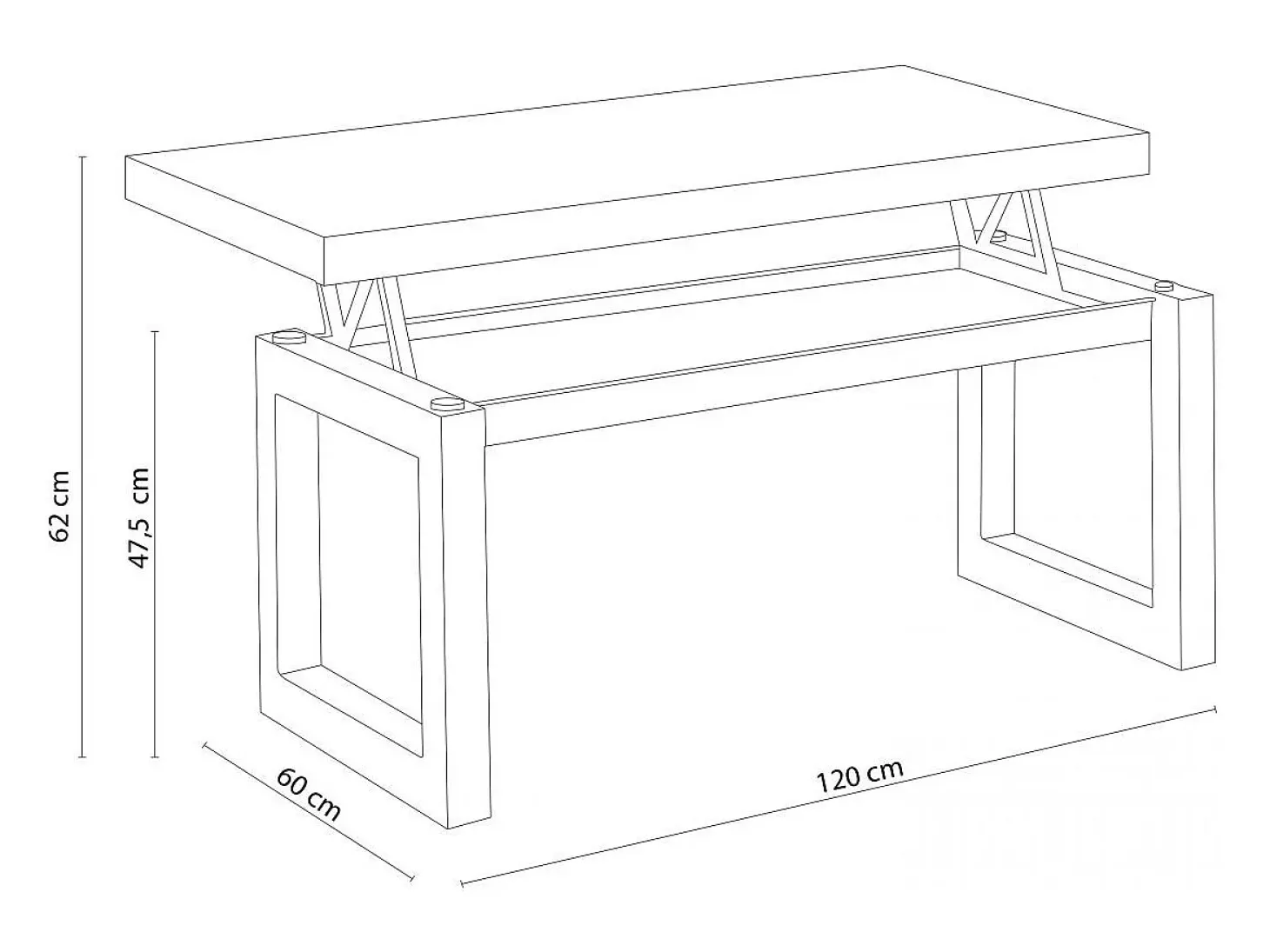 Mesa de centro elevable Loft con hueco de almacenaje roble american/negro 47,5-62x120x60 cm Adec