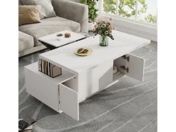Mesa de centro elevable multifuncional con almacenamiento oculto, blanco puro, estructura de MDF