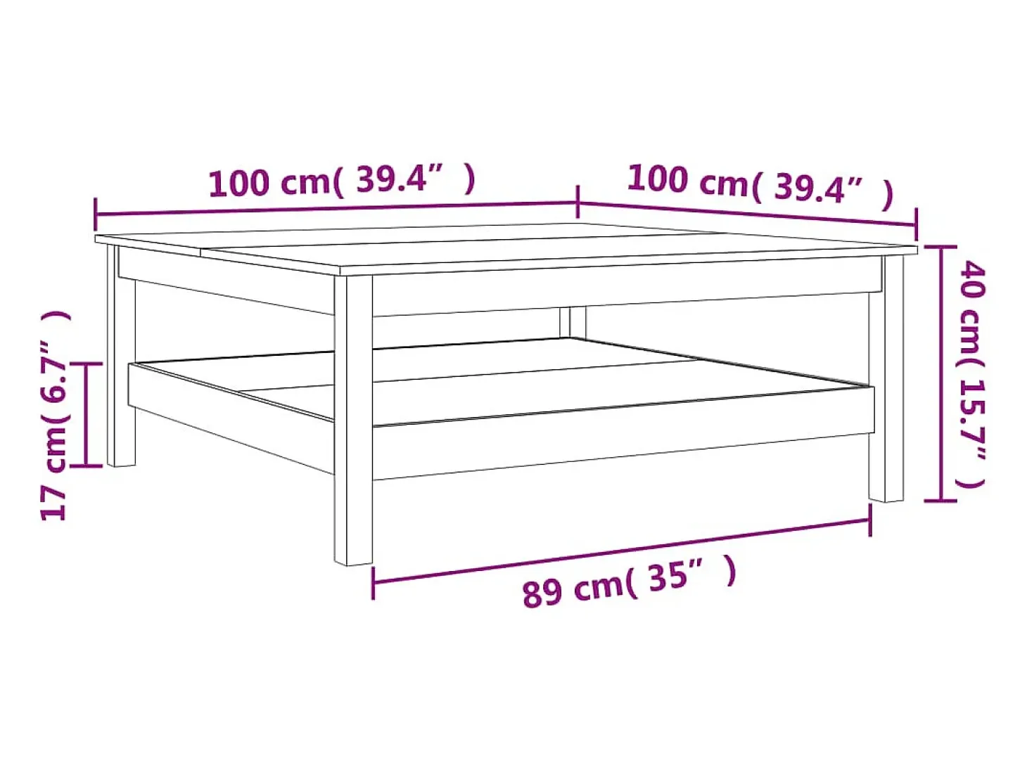 Mesa de centro encerada marrón 100x100x40 cm madera maciza de pino