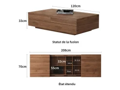 Mesa de centro extensible de nogal, diseño rectangular, 120-208 cm, almacenaje oculto, moderna y práctica.