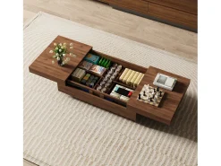Mesa de centro extensible de nogal, diseño rectangular, 120-208 cm, almacenaje oculto, moderna y práctica.