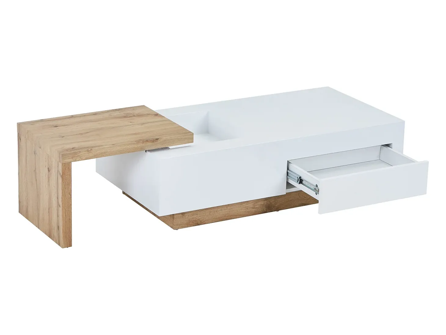 Mesa de centro extensible en MDF con 1 cajón y 1 estante - Natural y Blanco - MANDREA