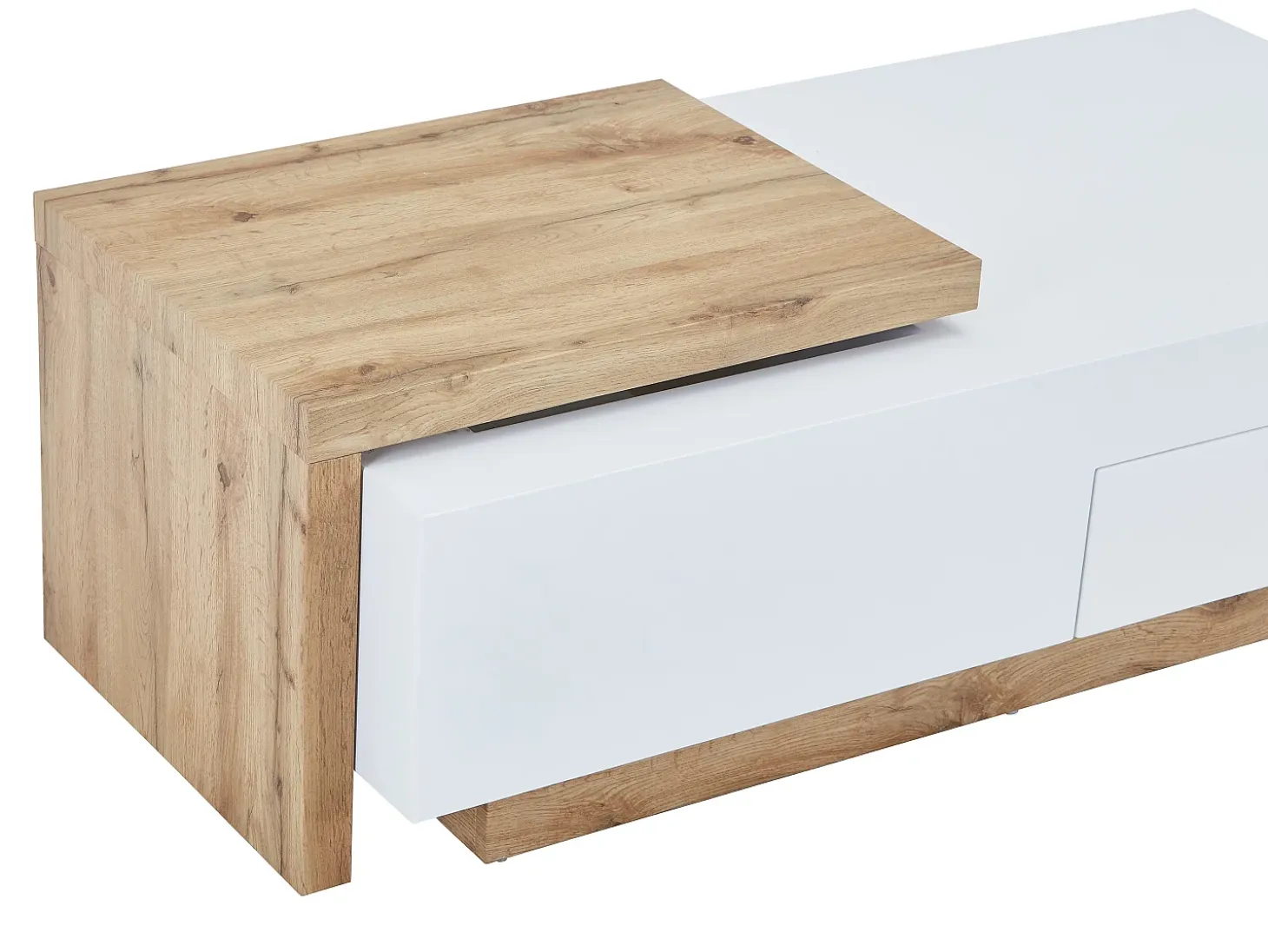 Mesa de centro extensible en MDF con 1 cajón y 1 estante - Natural y Blanco - MANDREA
